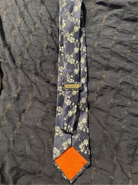 Ben Sherman Navy Floral Tie with Silver Embroidery and Yellow Accents